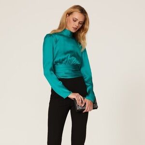 Slate & Willow Satin High Collar Puff Sleeve Backless Blouse Size S Green